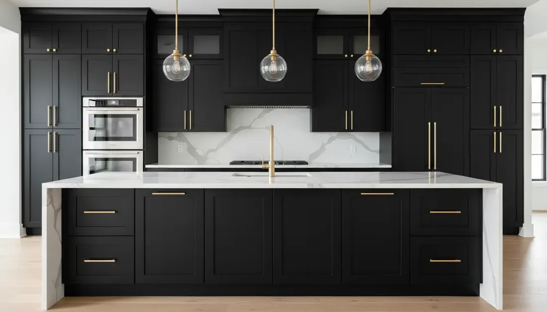 Kitchen cabinets painted matte black, concept render