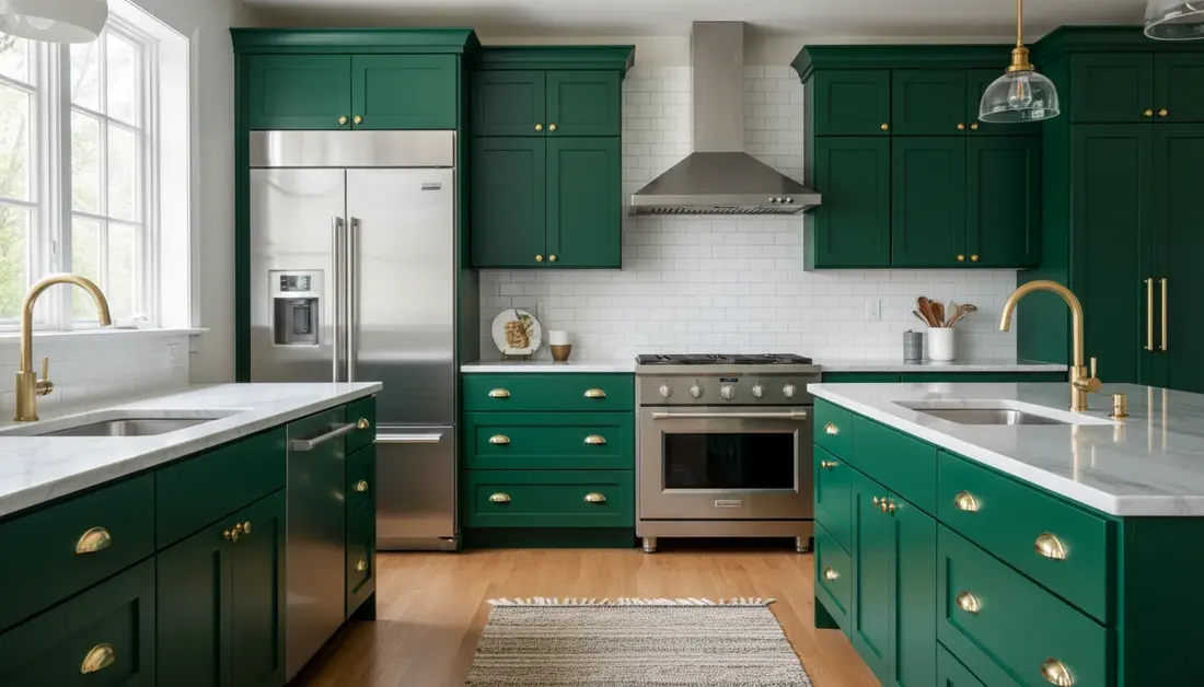 Kitchen cabinets painted a deep emerald green, concept render
