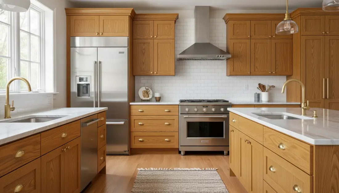 The same kitchen with its original honey oak cabinets, concept render