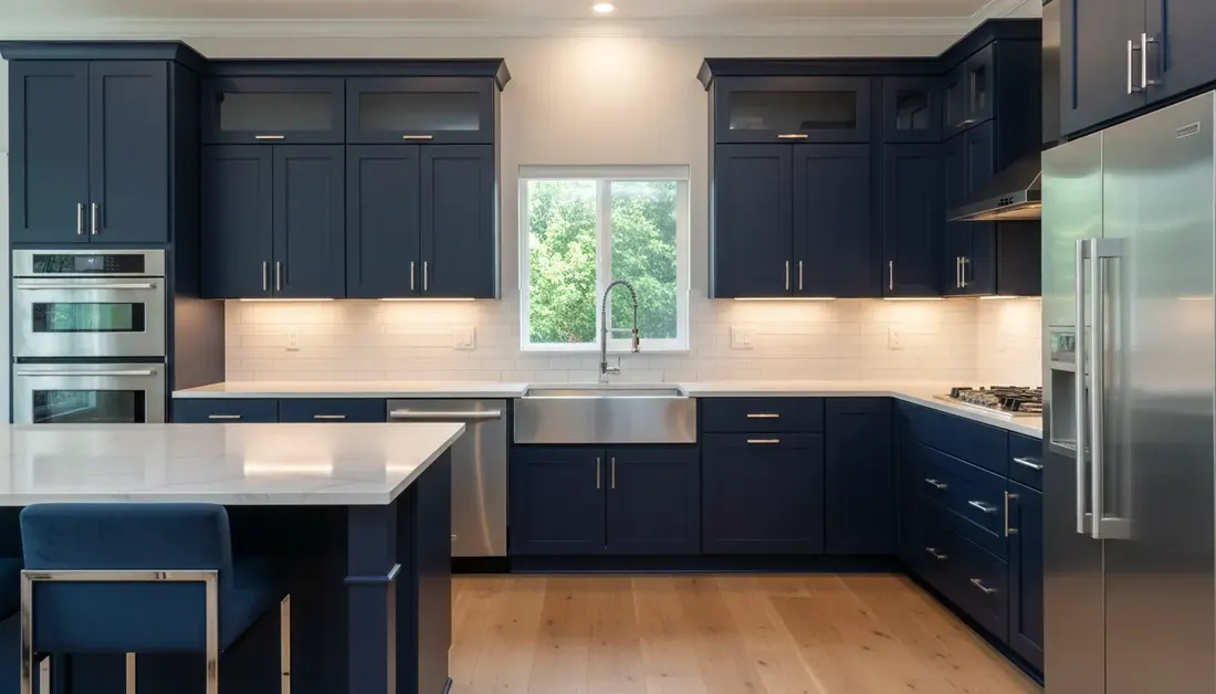 Kitchen cabinets painted deep navy blue, concept render