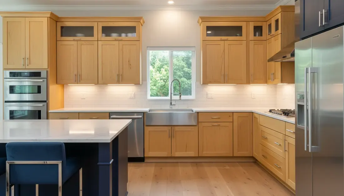 The same kitchen with original wood cabinets, concept render