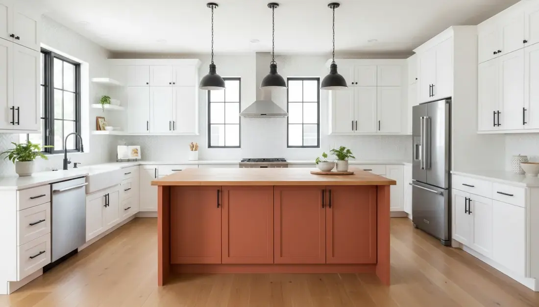 Kitchen with white painted perimeter cabinets and a terracotta island, concept render