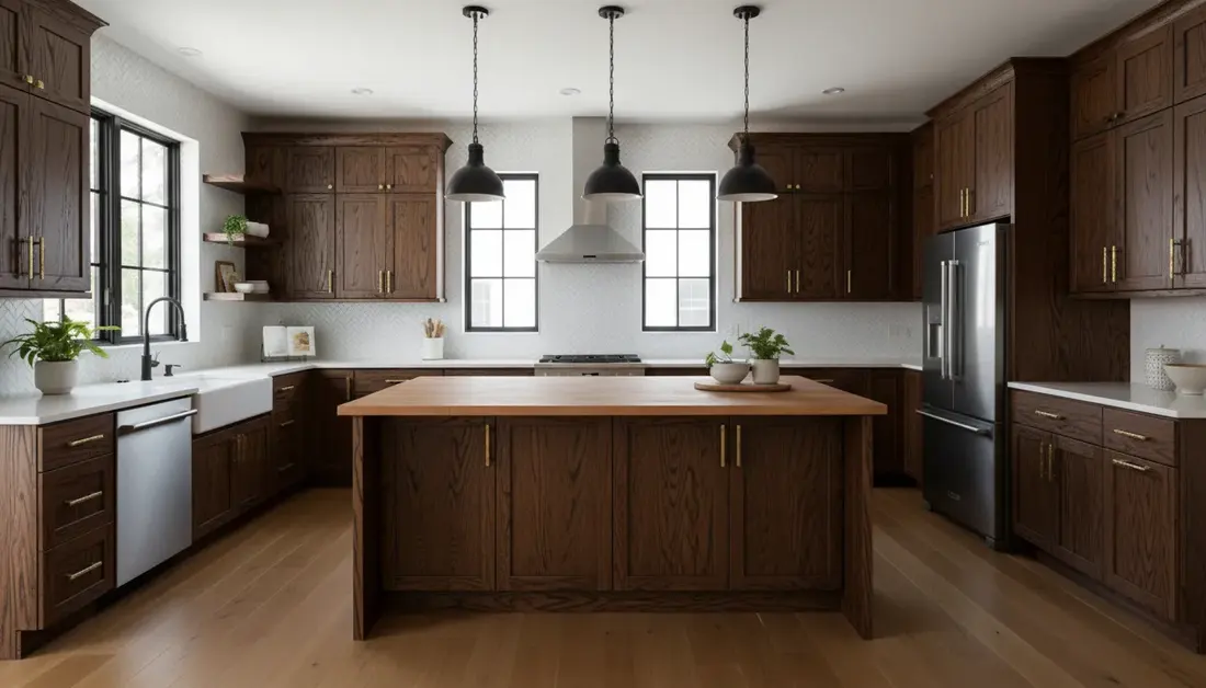 The same kitchen with dark stained wood cabinets, concept render