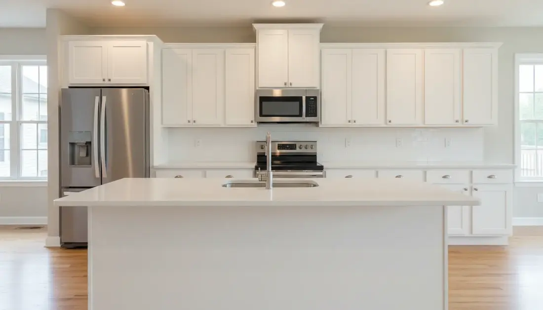 Kitchen island fitted with flat white doors, concept render