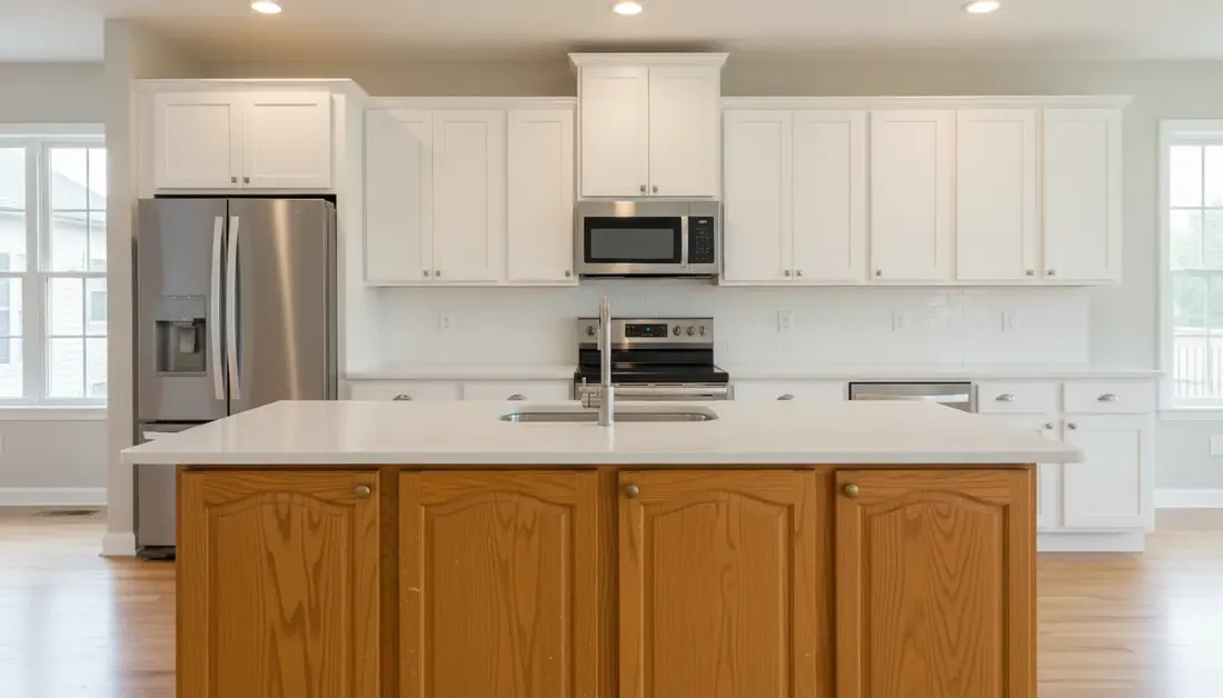 The same kitchen island with arched oak doors, concept render