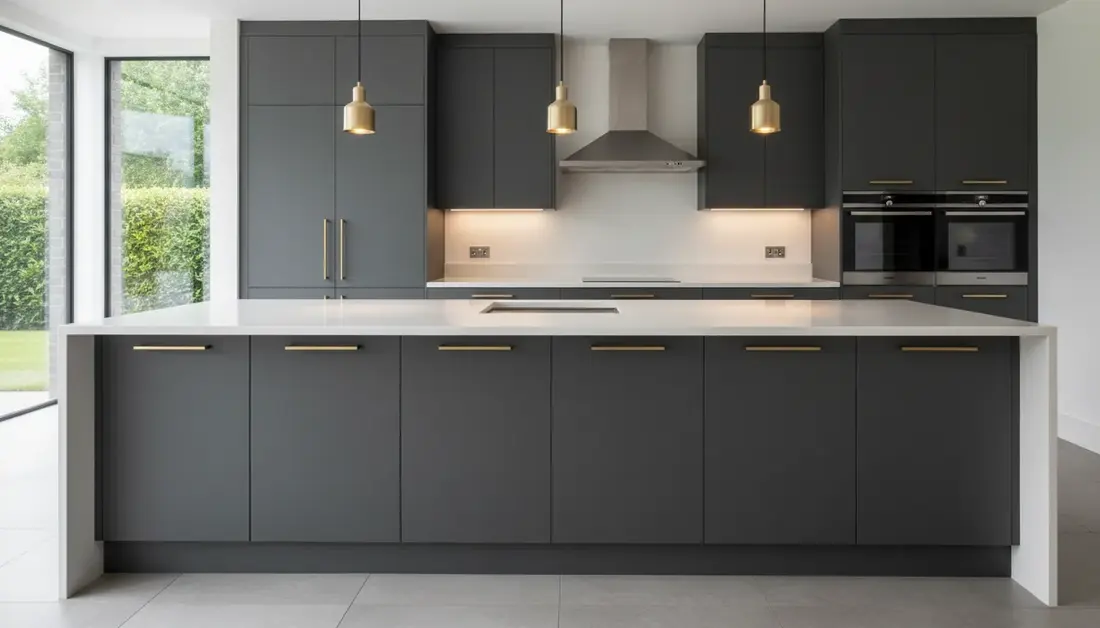 Slab cabinet doors with a smooth charcoal refinished surface, concept render