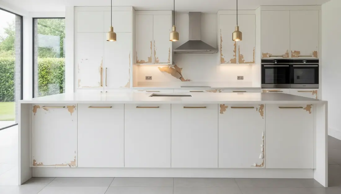 The same slab cabinets with a chipped, peeling white finish, concept render