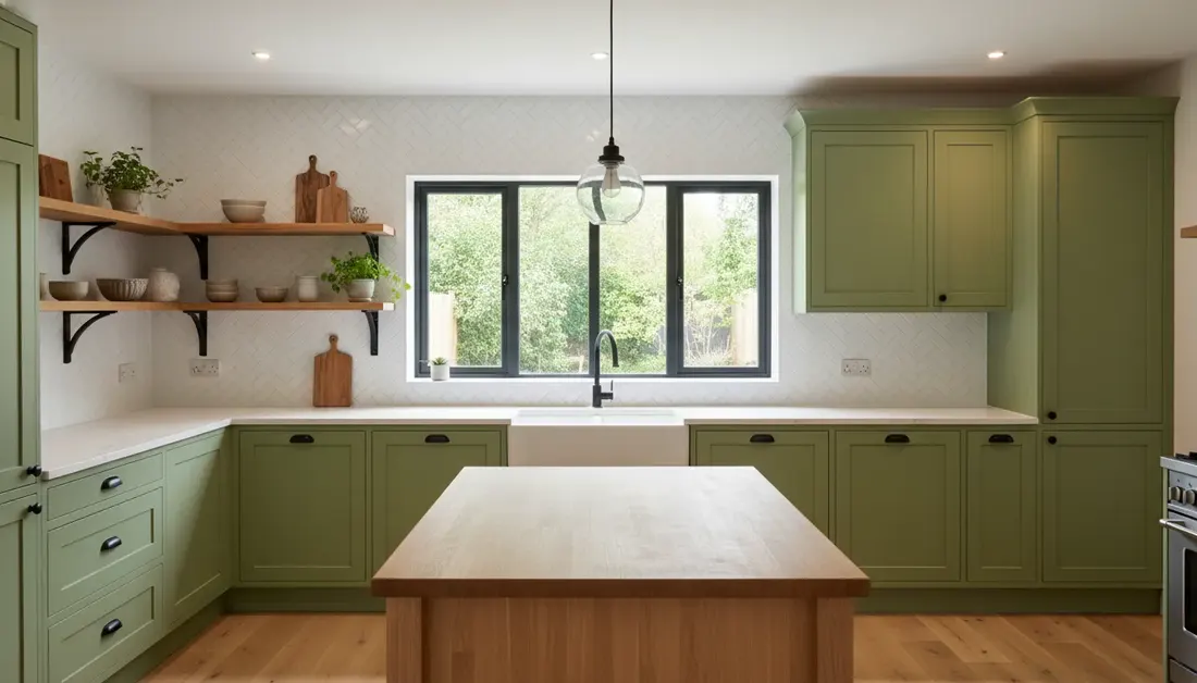 Kitchen cabinets painted soft sage green, concept render