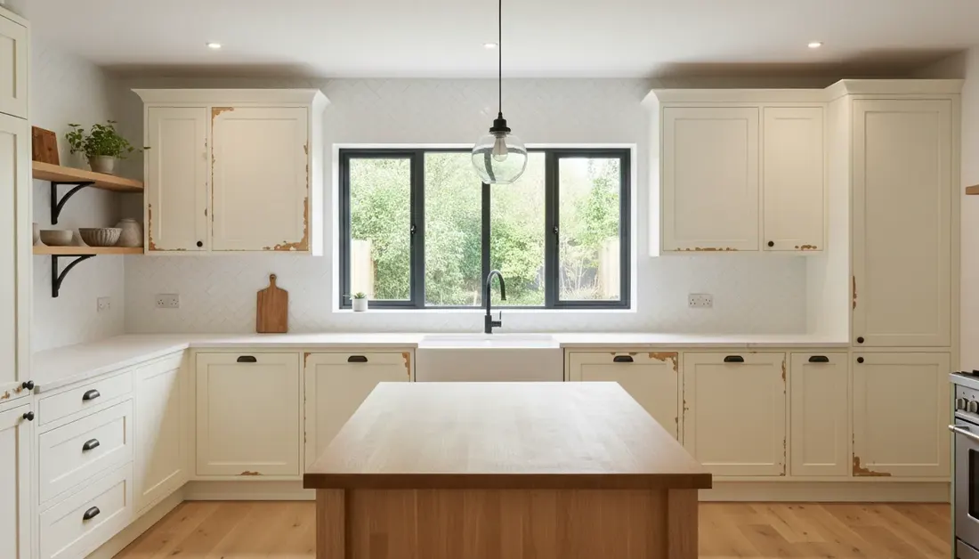 The same kitchen with original wood cabinets, concept render